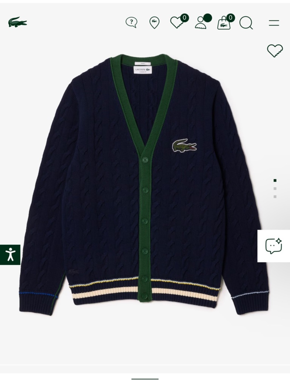 Lacoste Unisex Navy Blue Cable-Knit V-Neck Cardigan Size S